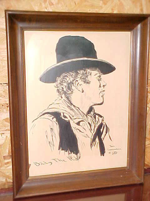 Original Watercolor painting Billy The Kid Joe Grandee: Original Watercolor painting Billy The Kid Joe Grandee. Mounted in oak frame measuring 29"tall x 23"wide including the frame.