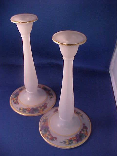 Pair tall frosted glass candle stands w/reverse painted: Pair tall frosted glass candle stands w/reverse painted bases. Measures 9-1/4"tall.