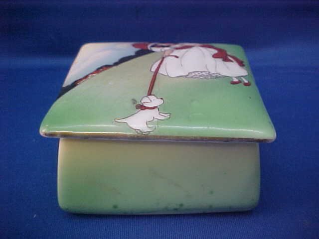 Royal Bayreuth 2-1/2"W Square Covered Dish: Royal Bayreuth 2-1/2"W Square Covered Dish with lid. Girl with dog
