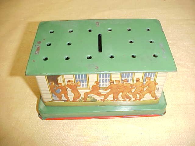Tin litho bank Army scene.: Tin litho bank Army scene.