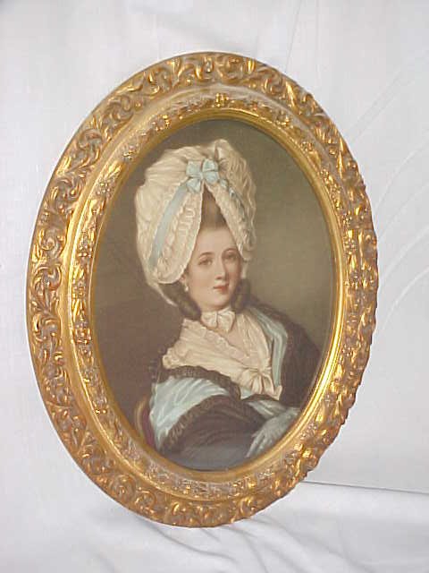 Oval print in gold frame "Miss Catherine Frederick": Oval print in gold frame "Miss Catherine Frederick". From original by John Raphael Smith 1747. Measures 18-1/4" tall x 15-1/4" wide.