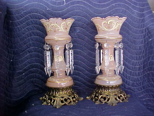 Pair early Victorian pink mantle lusters w/prisms: victorian lusters pair. 13" tall