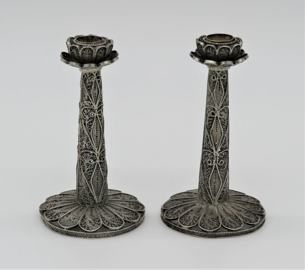 A Pair of Silver Filigree Shabbat Candlesticks By (1 of 3)
