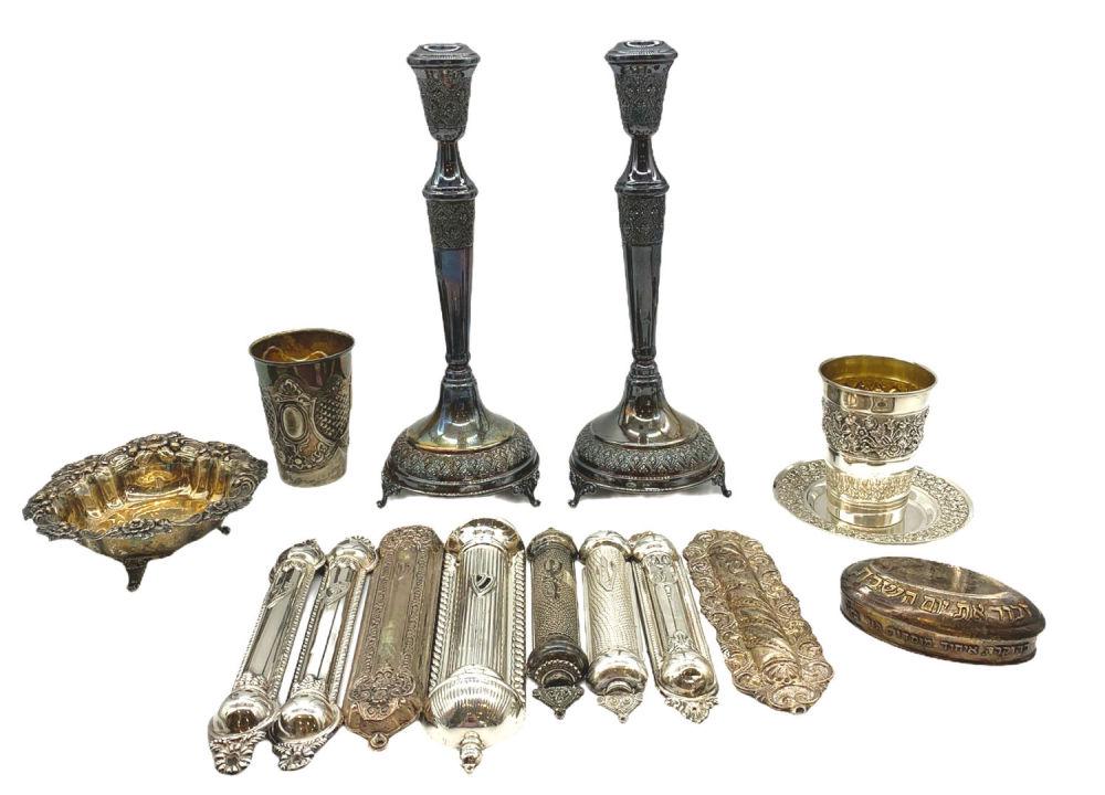 Group of Silver Mezuzahs, Kiddush Cups, and Shabbat (1 of 1)
