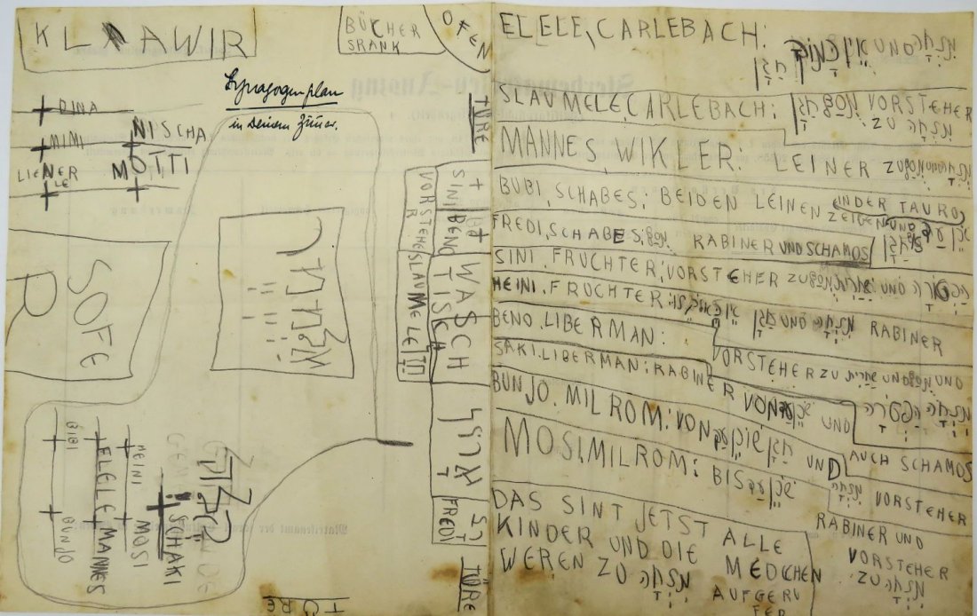 Manuscript by Rabbi Shlomo Carlebach. of a childish: Pencil-written floor-plan in German and Hebrew in a child's hand, depicting the layout of the synagogue in Baden, the seating arrangements of the Carlebach family, and a list of "Kibudim:"- 