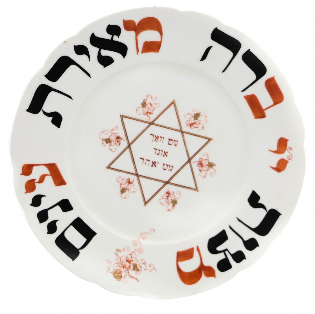 A CERAMIC HAVDALAH PLATE: Frankfurt, Circa 1890 With Star of David in center, With Yiddish Lettering â€œGood Week and Good Yearâ€ Height 9.6 inches