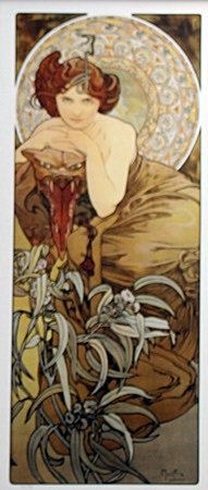 Lithograph "L'Ameraude" After Alphonse Mucha (292A): Lithograph "L'Ameraude" After Alphonse Mucha; , plate signed, size approx. 33 x 14 in. Alfons Maria Mucha (24 July 1860 – 14 July 1939), often known in English and French as Alphonse Mucha, was a