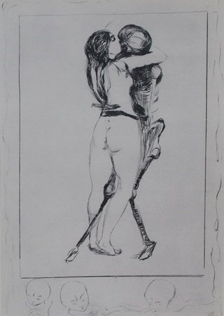 Print "Death and the Maiden" after Edvard Munch: Print, Approx. 11" x 9" In.