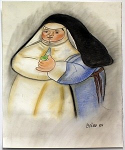 Pastel Drawing on Paper by Fernando Botero: Pastel Drawing on Paper, Hand Signed, Dated "1984" Size Approx. 17" x 14" in.
