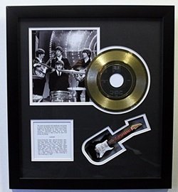 The Beatles Memorabilia with Gold Record and Mini: Beatles with Gold Record and Mini Guitar; Approx. 18X20 in. Custom Framed Memorabilia