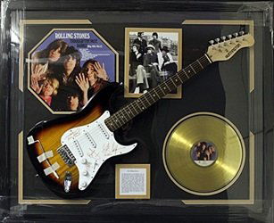 Memorabilia "The Rolling Stones" Autographed Guitar: Memorabilia "The Rolling Stones", Autographed Guitar with Gold Record, Album Cover, Photograph, and Small Biography. Size Approx.. 35 x 42 In.