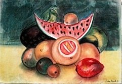 Naturaleza Muerta - Oil Painting on Paper - Frida Kahlo: Pastel Drawing on Paper, Hand Signed Lower Right Corner, Approximate Size: 50 x 35 cm
