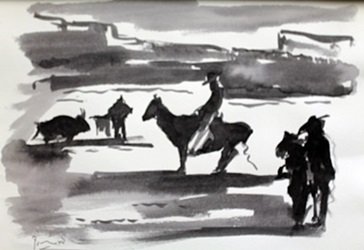 Watercolor Painting - Signed Picasso: Watercolor Painting on Paper in the manner of Pablo Picasso, Size Approx. 11" x 15" in.