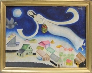 Oil Painting on Canvas by Marc Chagall: Oil Painting on Stretched Canvas, Hand Signed, Size Approx. 22" x 28" in.