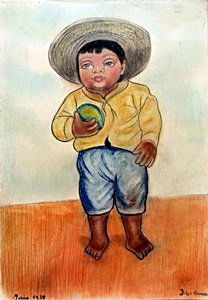 Nino Con Fruita - Pastel on Paper - Diego Rivera: Pastel Drawing on Paper attributed to Diego Rivera, Hand Signed, Size Approx. 50 x 35 cm