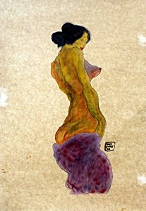 Nude Girl (Standing) - Watercolor Painting - Egon: Watercolor & Gouache on Paper, Hand Signed, Approximate Size 20 x 14 Inches