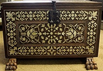 Hand Carved Antique Peruvian Cabinet of Mother Pearl: Circa 1780's - This Spanish Colonial South American Cabinet is inlaid with mother-of-pearl (a technique known as enconchado) in a design of flowers and leaves, with gilded metalwork hinges and escutch