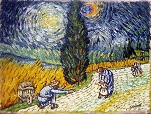 Family in Wheat Field - Vincent Van Gogh: Oil Painting on Canvas, Vincent Van Gogh, Hand Signed, (Lower Right Corner) Size Approx. 13 x 16 1/2 Inches