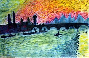 Sunset on the Bridge - Claude Monet: Pastel Drawing on Paper, Hand Signed, Size Approx. 19 x 14 In.
