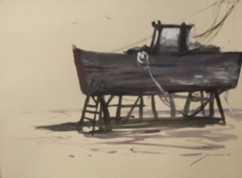 Original Watercolor on Paper "Docked for Repairs" by: Original Watercolor on Paper "Docked for Repairs" by Michael Schofield; signed, size approx. 11 1/2 x 15 in. Michael Schofield was born in Orlando, Florida, in 1947. His talent as a silk screen mechan