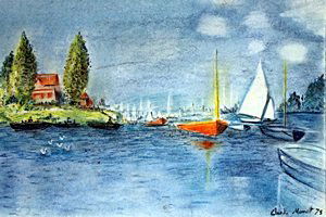 Boats at Argenteuil - Claude Monet: Pastel Drawing on Paper, Hand Signed in the manner of the Artist, Size approx. 19 x 14 Inches