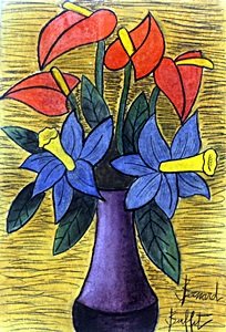 Vase of Flowers - Pastel on Paper - Bernard Buffet: Pastel Drawing on Paper, Hand Signed, Size Approximate 19 x 13 In.
