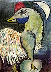 "The Rooster, 1936" Patel Drawing - Marc Chagall: Pastel Drawing on Paper, Hand Signed, Size Approx. 19 x 13 In.