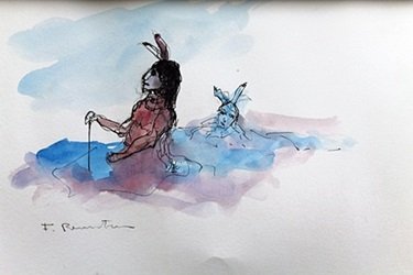"Two Warriors" Watercolor Painting after Frederic: Watercolor Painting on Paper, Hand Signed in the manner of Frederic Remington, Size Approx. 9" x 12" in.