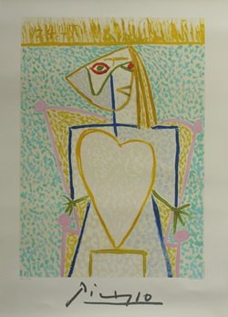 Lithograph "Femme Au Buste En Coeur" By Pablo Picasso: Lithograph "Femme Au Buste En Coeur" By Pablo Picasso, Plate Signed, Limited Edition, Size Approx. 29 x 21 In. Pablo Picasso (October 25th 1881 - April 8th 1973), also known as Pablo Ruiz y Picasso, w