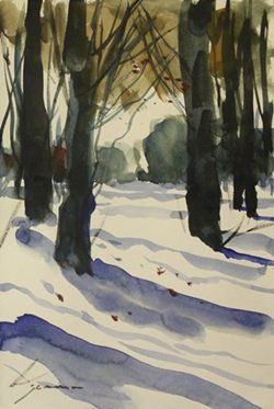 Original Watercolor on Paper "Winters Evening" by: Original Watercolor on Paper "Winters Evening" by Michael Schofield; signed, size approx. 11 1/2 x 8 in. Michael Schofield was born in Orlando, Florida, in 1947. His talent as a silk screen mechanic a