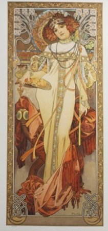 Lithograph Autumn - Alphonse Mucha: Lithograph Autumn After Alphonse Mucha; , plate signed, size approx. 33 x 15 in. Alfons Maria Mucha (24 July 1860 – 14 July 1939), often known in English and French as Alphonse Mucha, was a Czech�