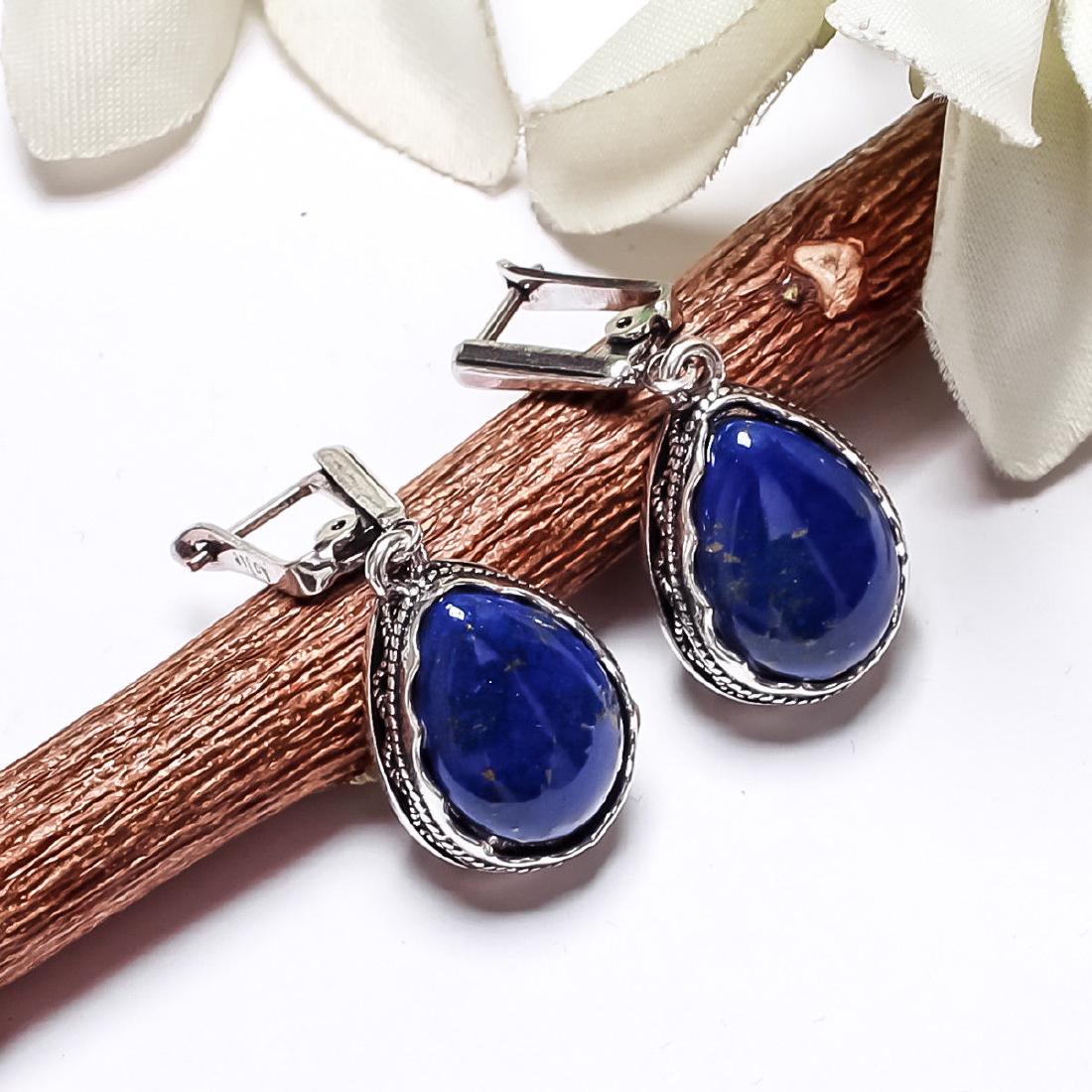 LAPIS LAZULI GEMSTONE SILVER PLATED LEVER BACK EARRINGS (1 of 2)