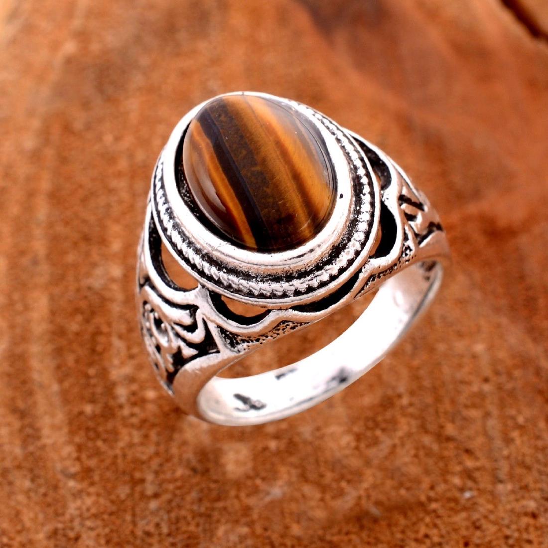 TIGER'S EYE GEMSTONE SILVER PLATED RING SIZE 10 (1 of 2)