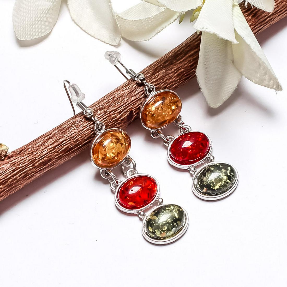 BALTIC AMBER GEMSTONE SILVER PLATED HOOK EARRINGS (1 of 2)