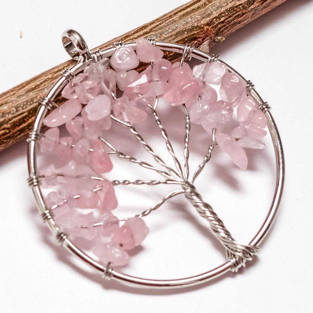 ROSE QUARTZ GEMSTONE TREE OF LIFE CHARM SILVER PLATED (1 of 2)