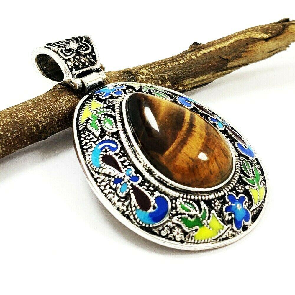 TIGER'S EYE GEMSTONE SILVER PLATED VINTAGE PENDANT 2.5" (1 of 4)