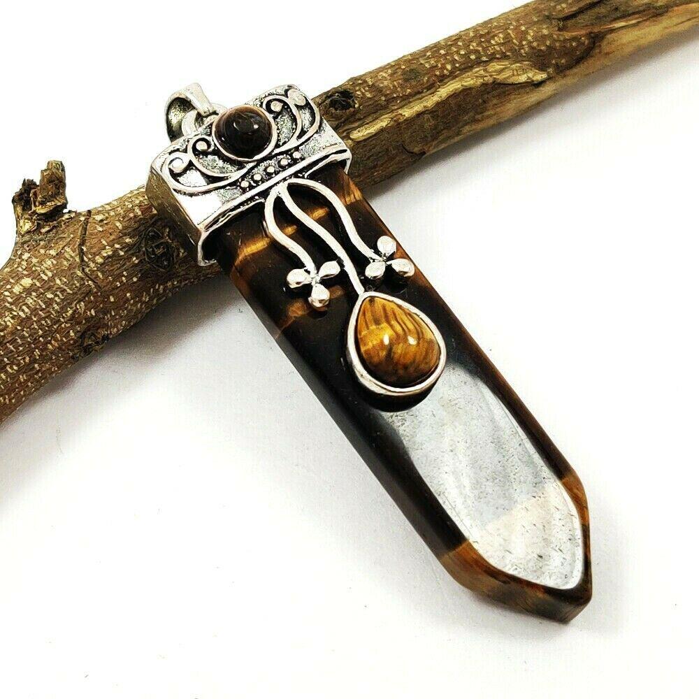 TIGER'S EYE GEMSTONE SILVER PLATED PENDANT 2" (1 of 4)
