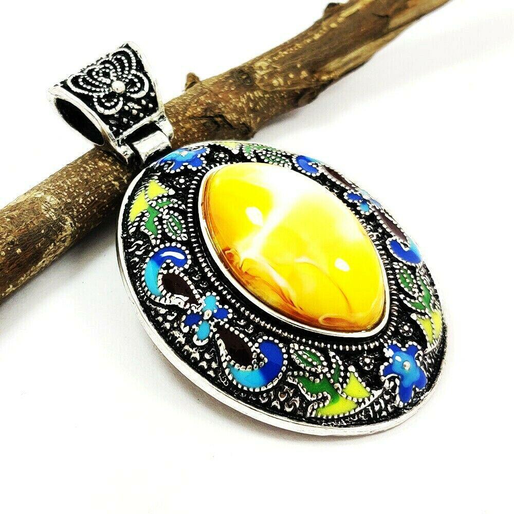 MOSAIC JASPER GEMSTONE SILVER PLATED VINTAGE PENDANT 3" (1 of 4)