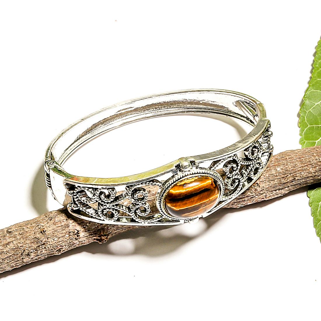 TIGER'S EYE GEMSTONE SILVER PLATED  BRACELET BANGLE (1 of 2)