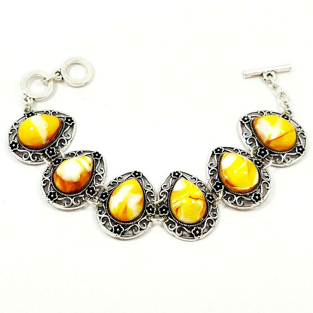 MOSAIC JASPER GEMSTONE SILVER PLATED YELLOW BRACELET (1 of 3)