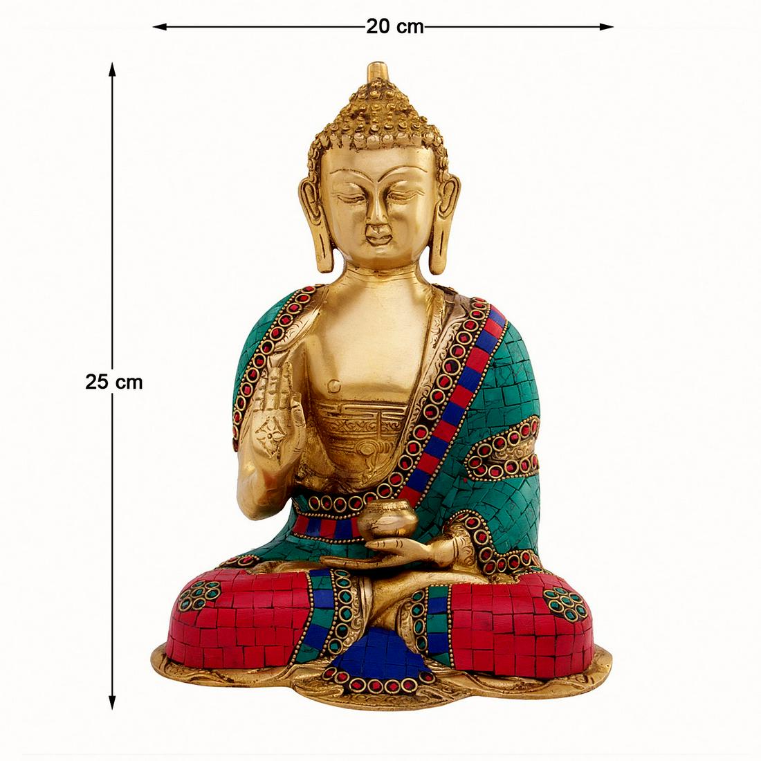 Brass Idol of Buddha Blessing Posture Studded Stones - (1 of 4)