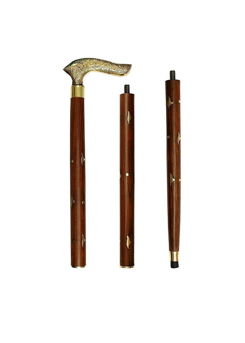Wooden Folding Stick 36 inches Walking Cane with Brass (1 of 3)