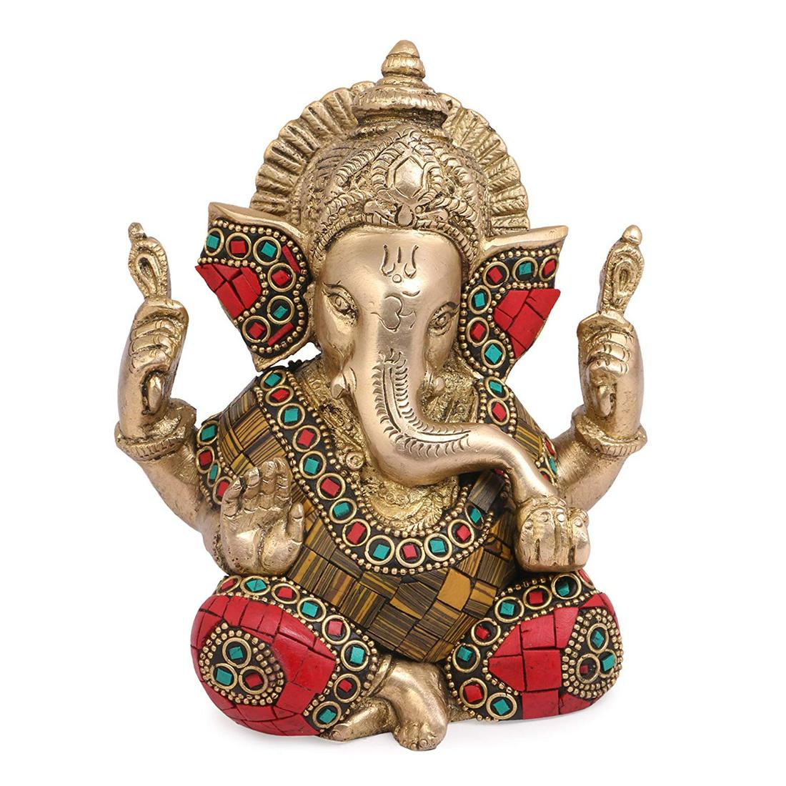 Brass Lord Ganesha Idol Statue with Multicolored Stone (1 of 4)