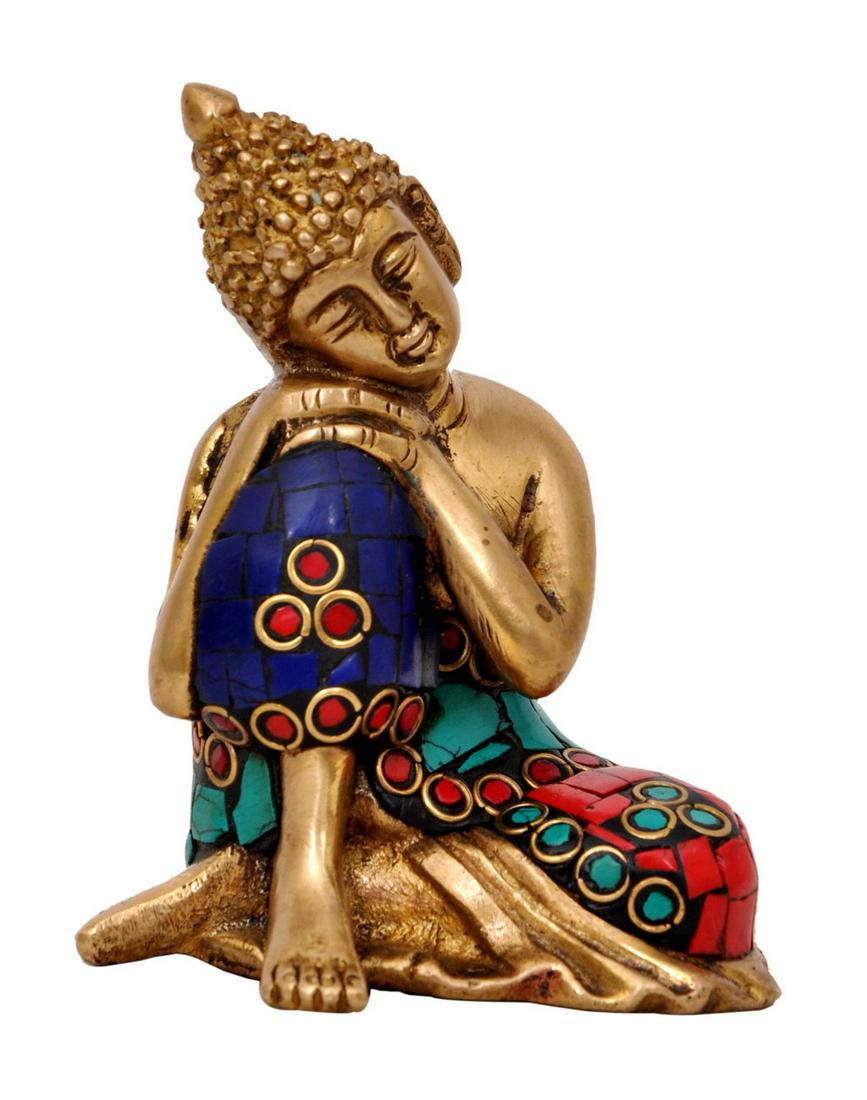 Antique Resting Brass Buddha In Stone Work Showpiece (1 of 3)