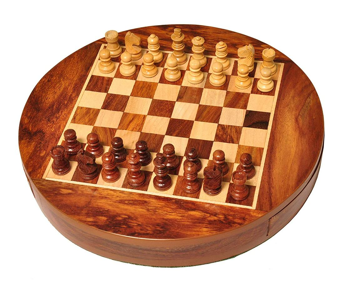Round Wooden Magnetic Travel Chess Set with Drawers and (1 of 5)