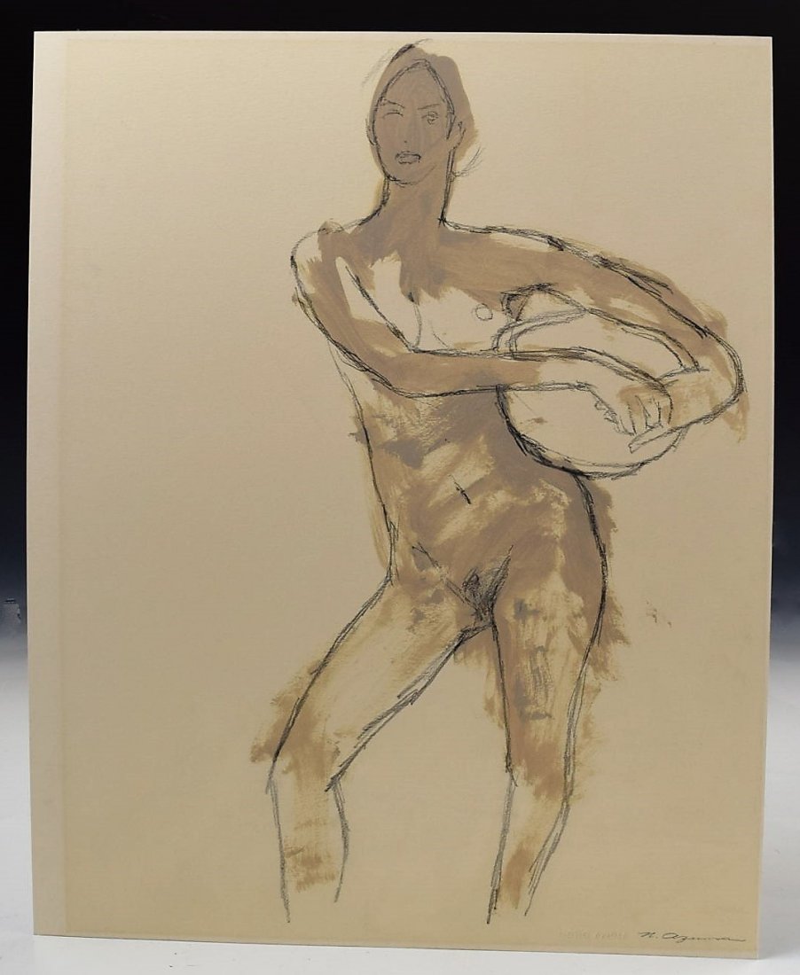 Norio Azuma: Norio Azuma (Japanese/New York, 1928-2004)"Nude Standing" Oil and pencil on paper Hand signed Measures: 18 x 14 inches unframed Signed lower right
