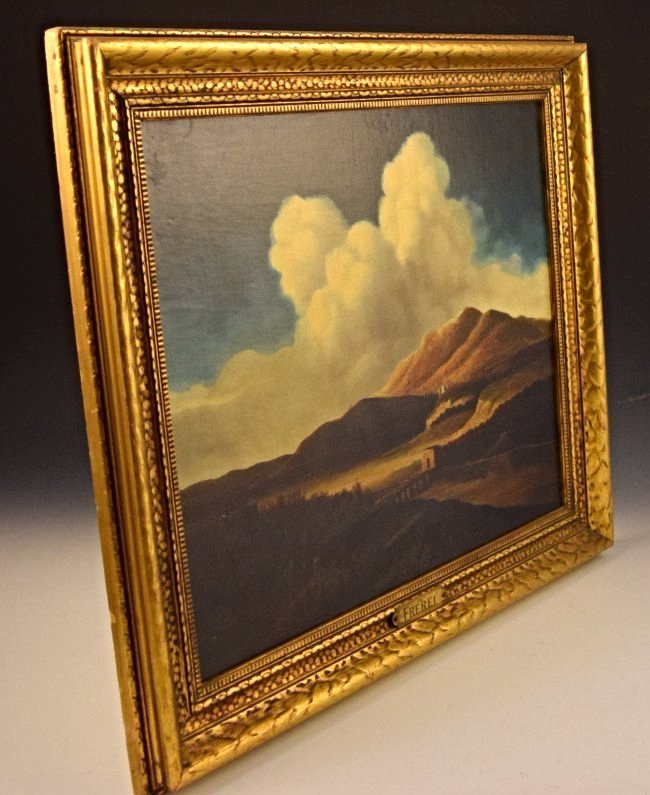 Charles Theodore Frere: (French, 1815-1888)Title: "Landscape With Arabian Figures And Mountain Town" Circa 1850 Oil on canvas Signed lower left Measures: 25 x 30 inches framed, sight: 20 x 24 inches