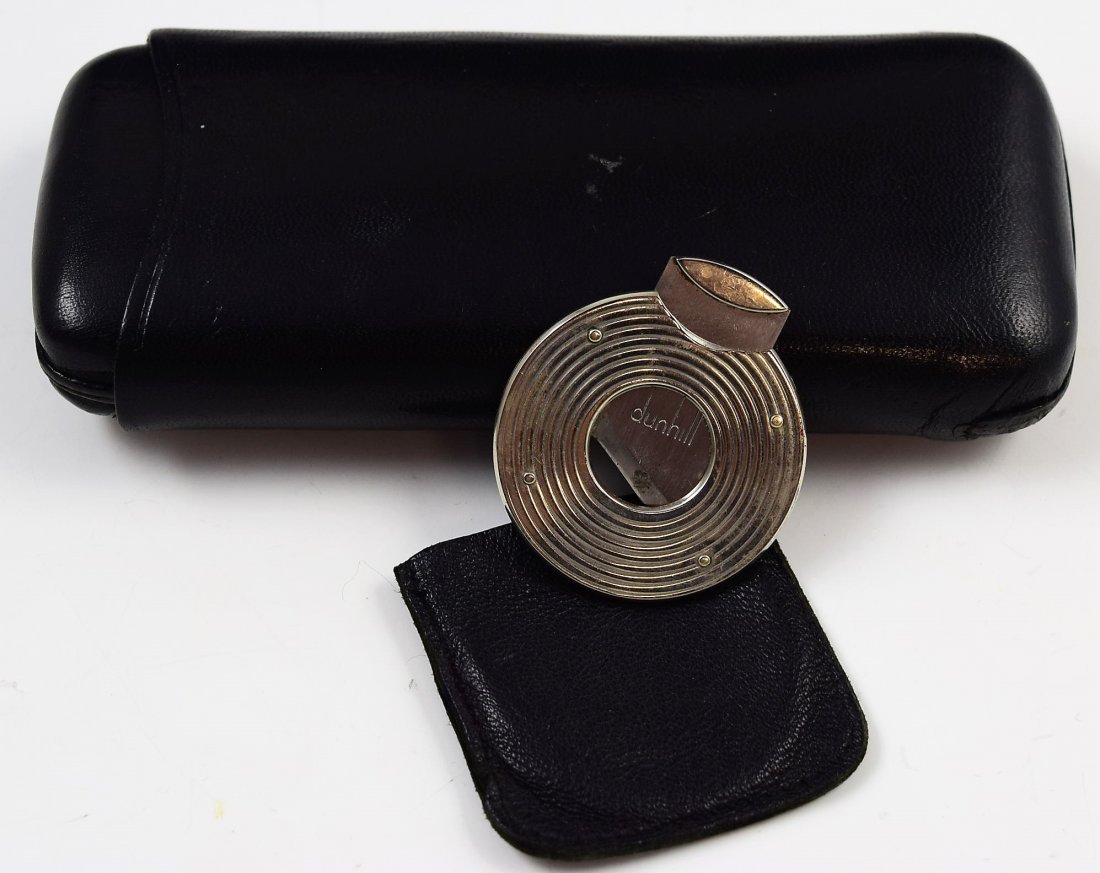 Dunhill Cigar Cutter: Dunhill steel guillotine cigar cutter Cutter pouch and Hide leather cigar case included