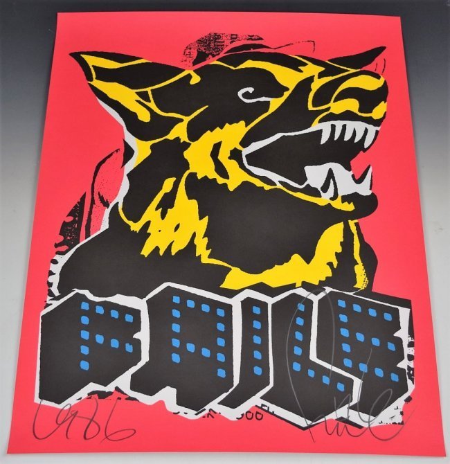 Faile: FAILE Dog (Blacklight), 2015 Silkscreen on paper Measures: 28 x 22 inches Limited open edition Signed lower right and inscribed lower left