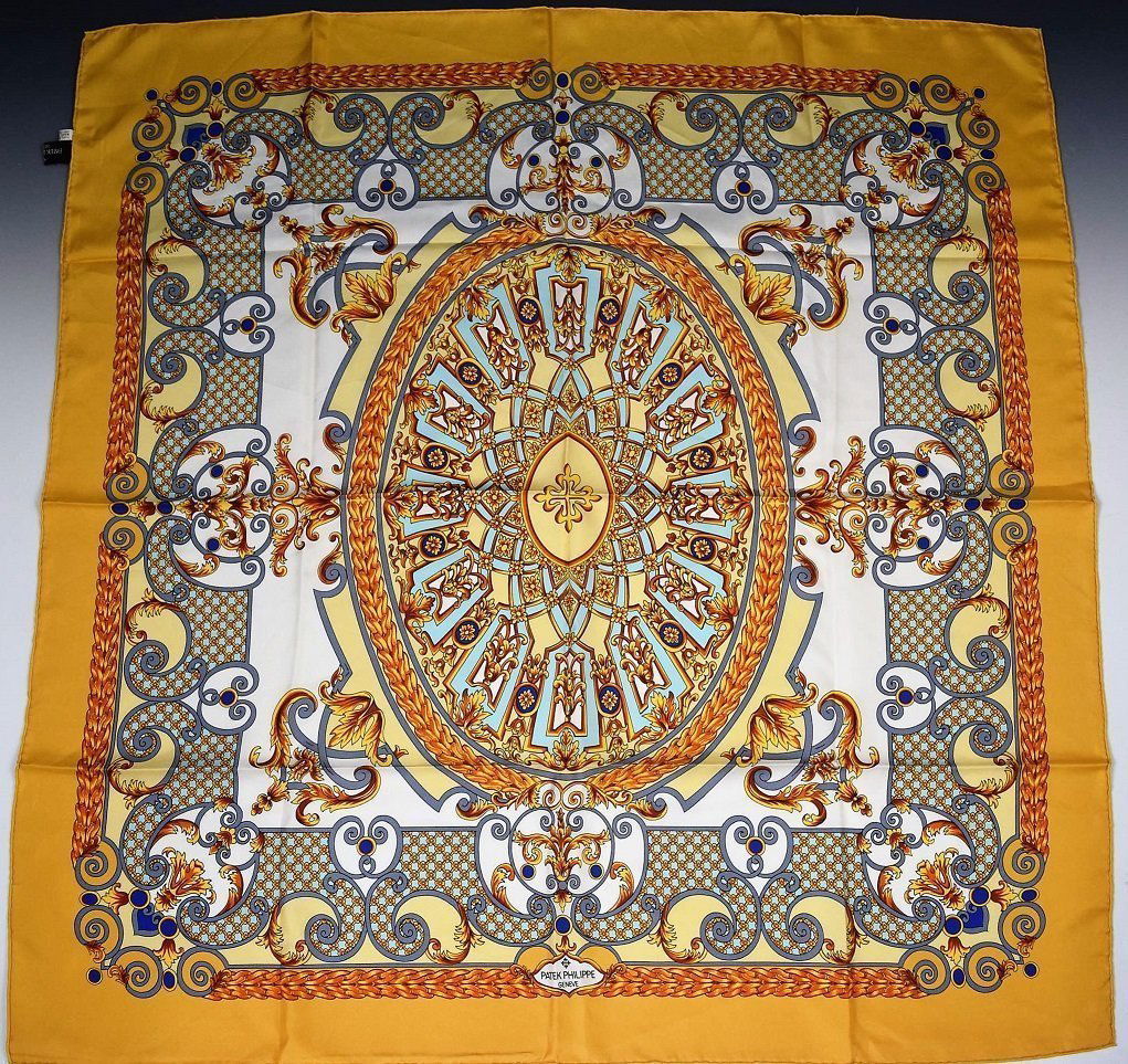 Patek Philippe Scarf: Patek Philippe silk scarf with original box Measures: 24 x 24 inches